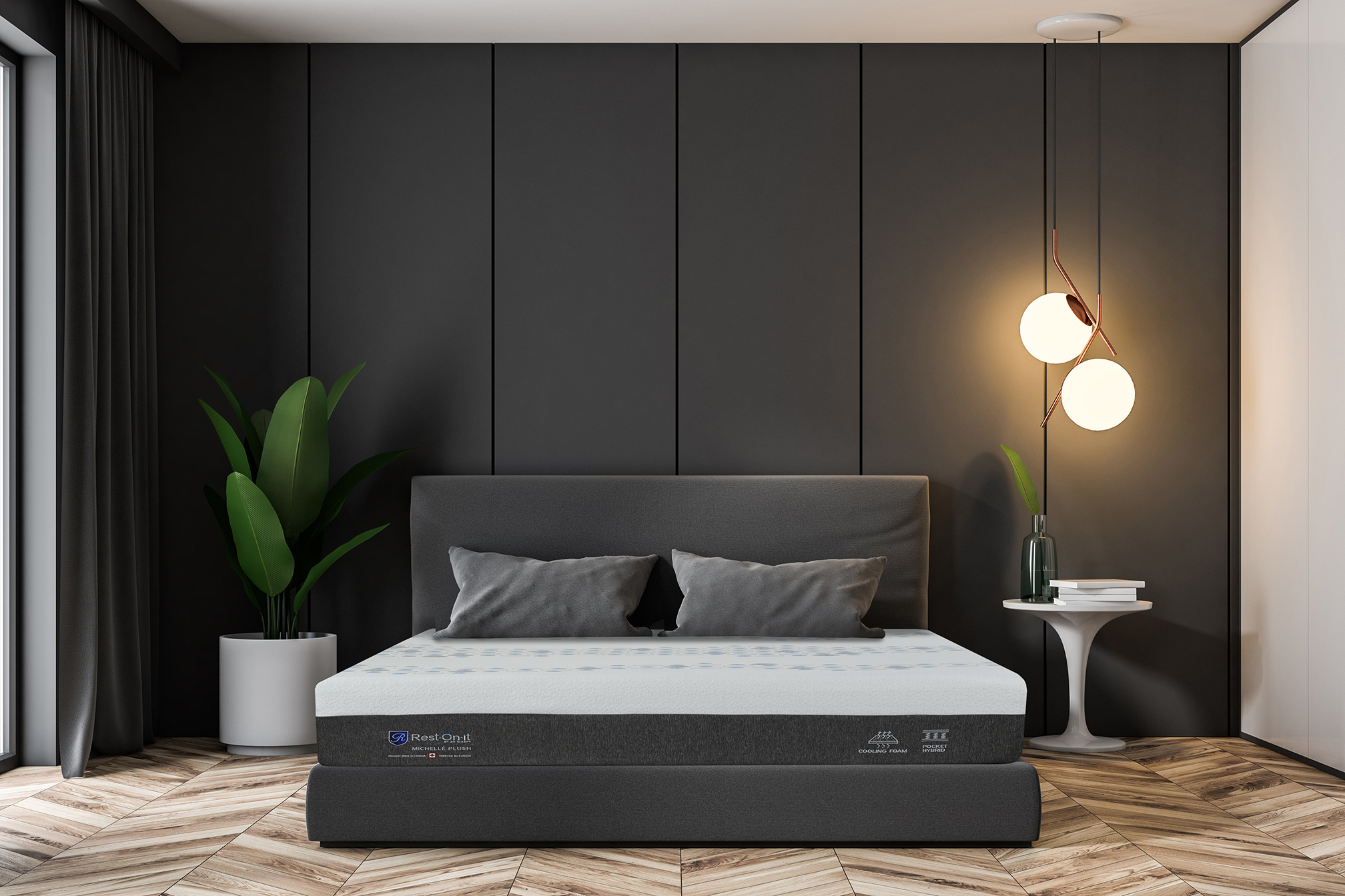 Interior of luxury bedroom with grey panel walls, a wooden floor and a double bed with gray cover. 3d rendering copy space